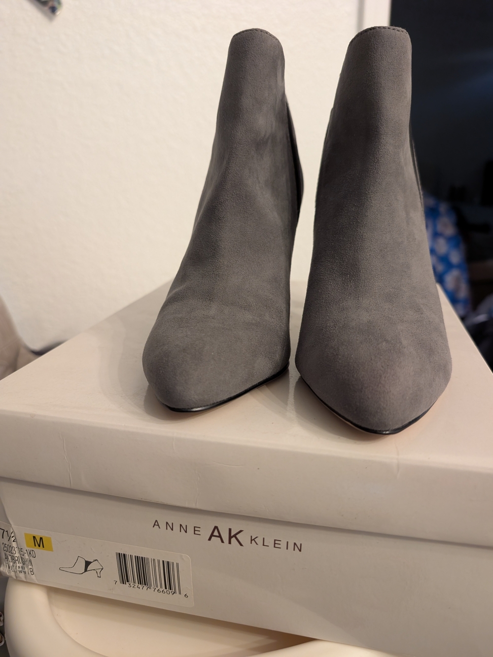 Anne Klein Gray Suede Pointed Toe Ankle Booties